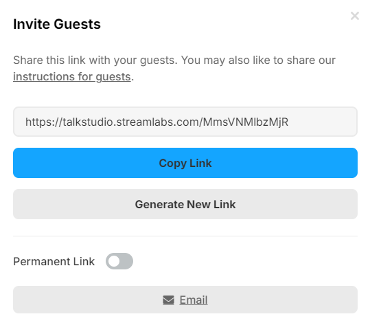 Screenshot of a Talk Studio's "Invite Guests" interface with options to copy or generate a URL link and email it.